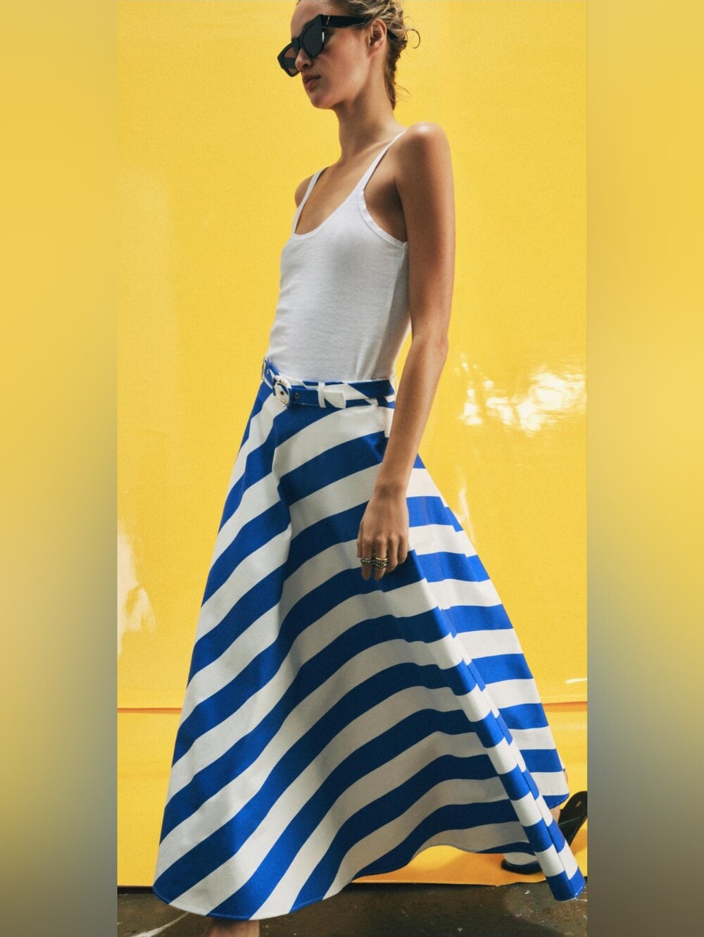 ZARA Striped Midi Skirt With Belt